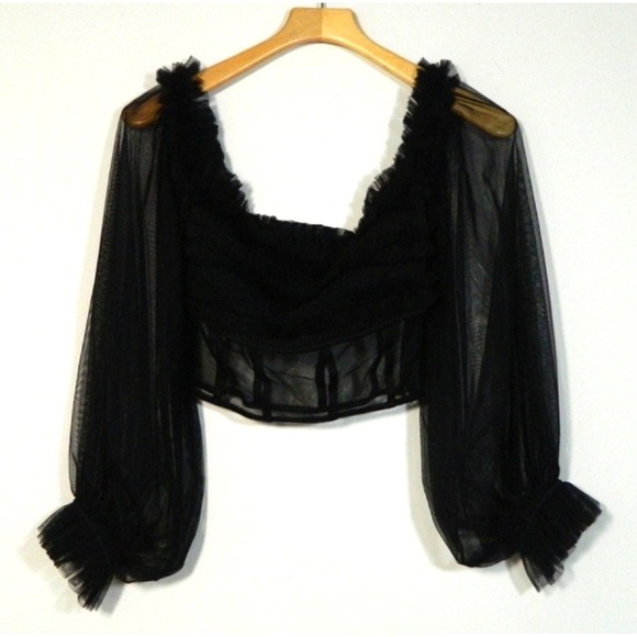Tulle Tops - Lace and Beads Black Lace Tulle BUSTIER Side  Zipper Tulle Sleeve Sz 6 Whimsy